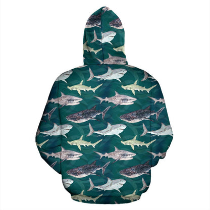 Shark Style Print Zip Up Hoodie