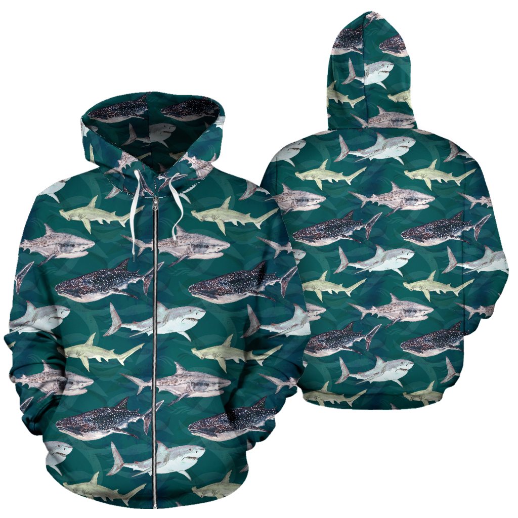 Shark Style Print Zip Up Hoodie