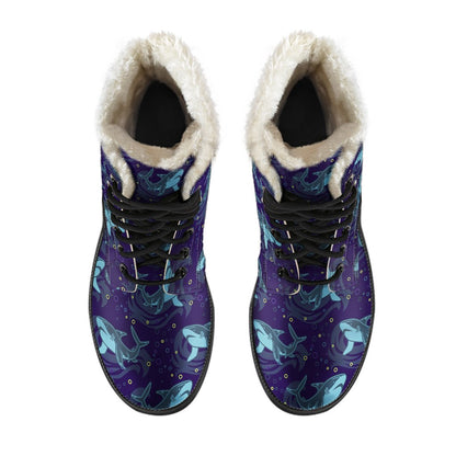 Shark Themed Print Faux Fur Leather Boots-JTAMIGO.COM