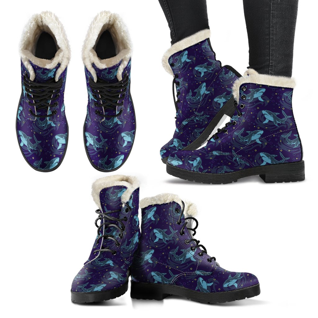 Shark Themed Print Faux Fur Leather Boots-JTAMIGO.COM