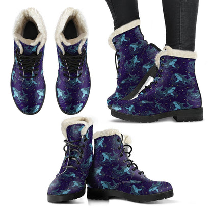 Shark Themed Print Faux Fur Leather Boots-JTAMIGO.COM