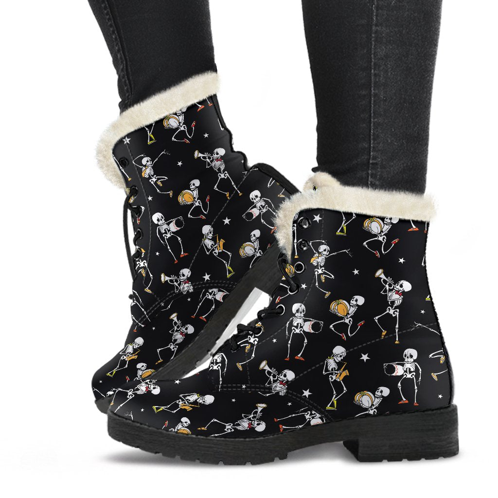 Skeleton Dance Print Faux Fur Leather Boots-JTAMIGO.COM
