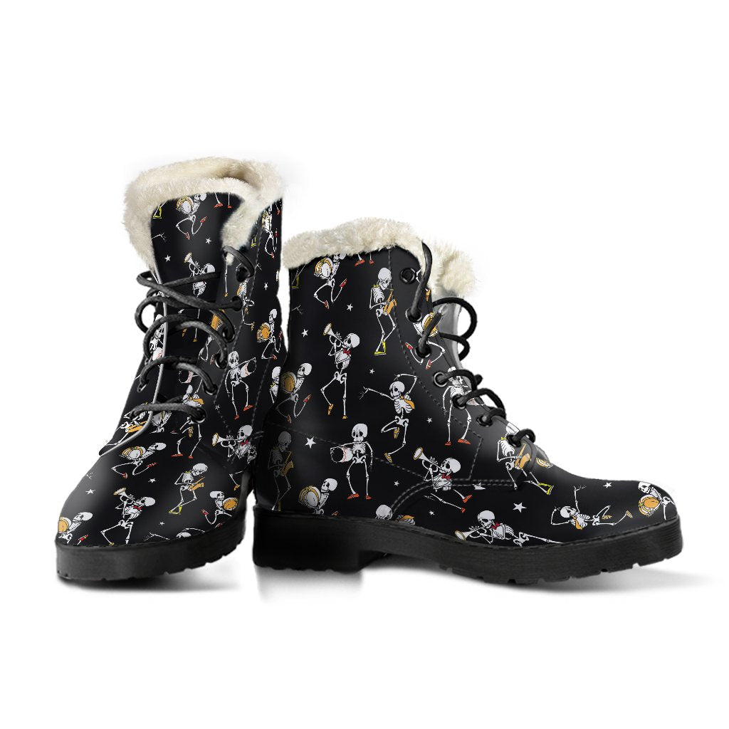 Skeleton Dance Print Faux Fur Leather Boots-JTAMIGO.COM