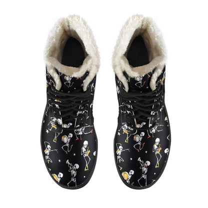 Skeleton Dance Print Faux Fur Leather Boots-JTAMIGO.COM