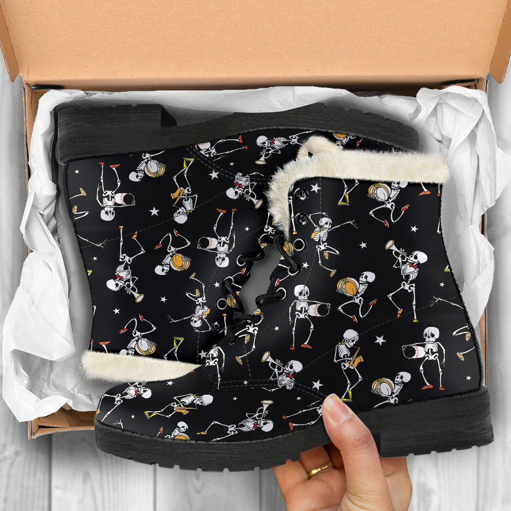 Skeleton Dance Print Faux Fur Leather Boots-JTAMIGO.COM