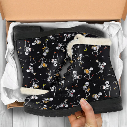 Skeleton Dance Print Faux Fur Leather Boots-JTAMIGO.COM