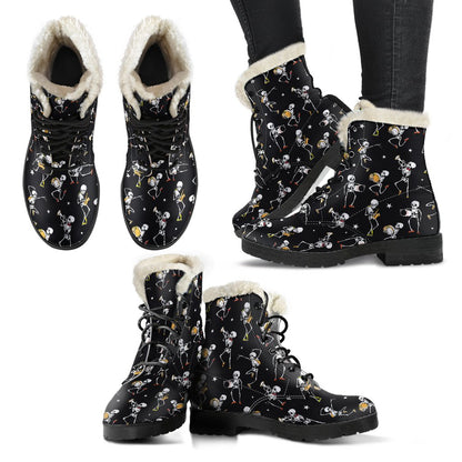 Skeleton Dance Print Faux Fur Leather Boots-JTAMIGO.COM