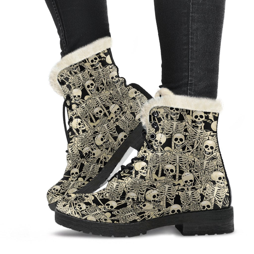 Skeleton Design Print Faux Fur Leather Boots-JTAMIGO.COM
