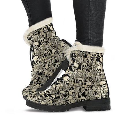 Skeleton Design Print Faux Fur Leather Boots-JTAMIGO.COM
