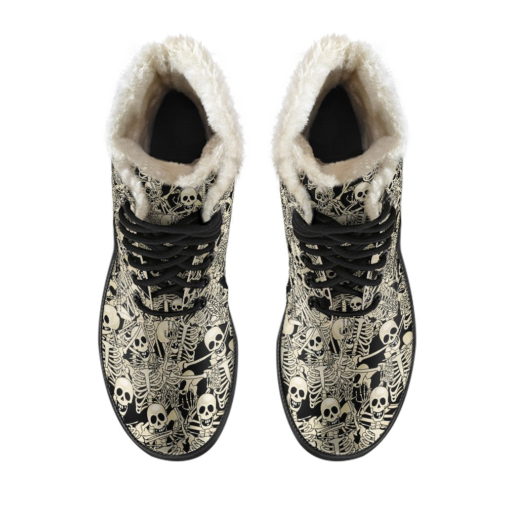 Skeleton Design Print Faux Fur Leather Boots-JTAMIGO.COM