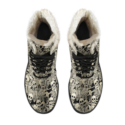 Skeleton Design Print Faux Fur Leather Boots-JTAMIGO.COM