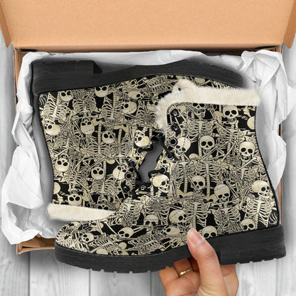 Skeleton Design Print Faux Fur Leather Boots-JTAMIGO.COM