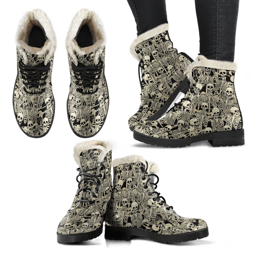 Skeleton Design Print Faux Fur Leather Boots-JTAMIGO.COM