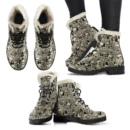 Skeleton Design Print Faux Fur Leather Boots-JTAMIGO.COM