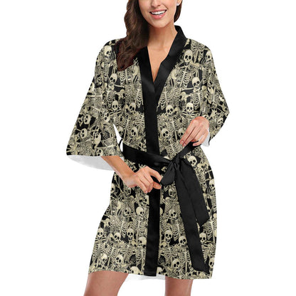 Skeleton Design Print Women Short Kimono Robe