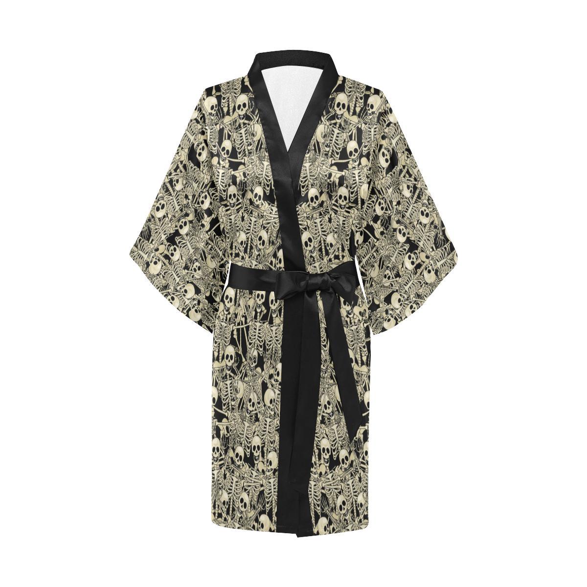 Skeleton Design Print Women Short Kimono Robe