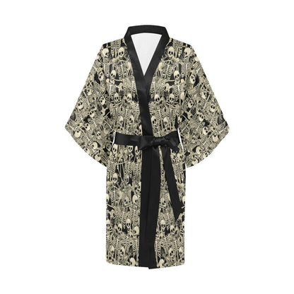 Skeleton Design Print Women Short Kimono Robe