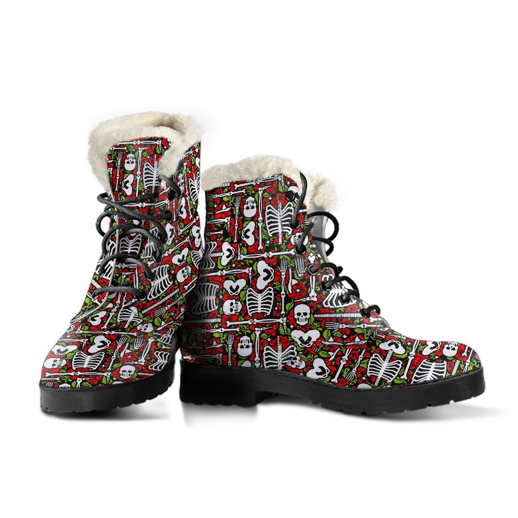 Skeleton Pattern Print Faux Fur Leather Boots-JTAMIGO.COM