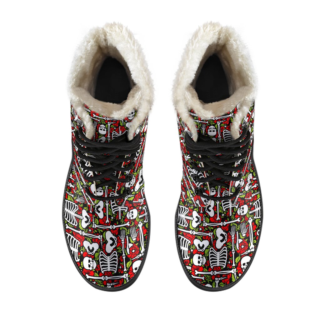 Skeleton Pattern Print Faux Fur Leather Boots-JTAMIGO.COM