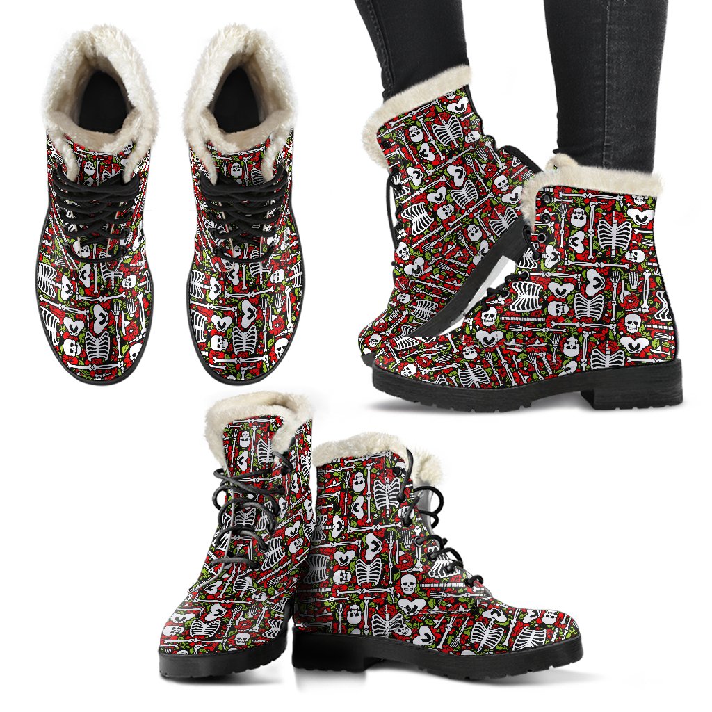 Skeleton Pattern Print Faux Fur Leather Boots-JTAMIGO.COM