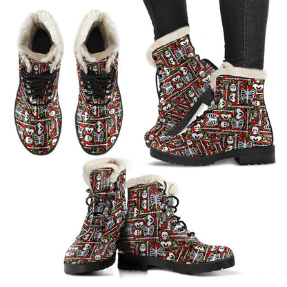 Skeleton Pattern Print Faux Fur Leather Boots-JTAMIGO.COM