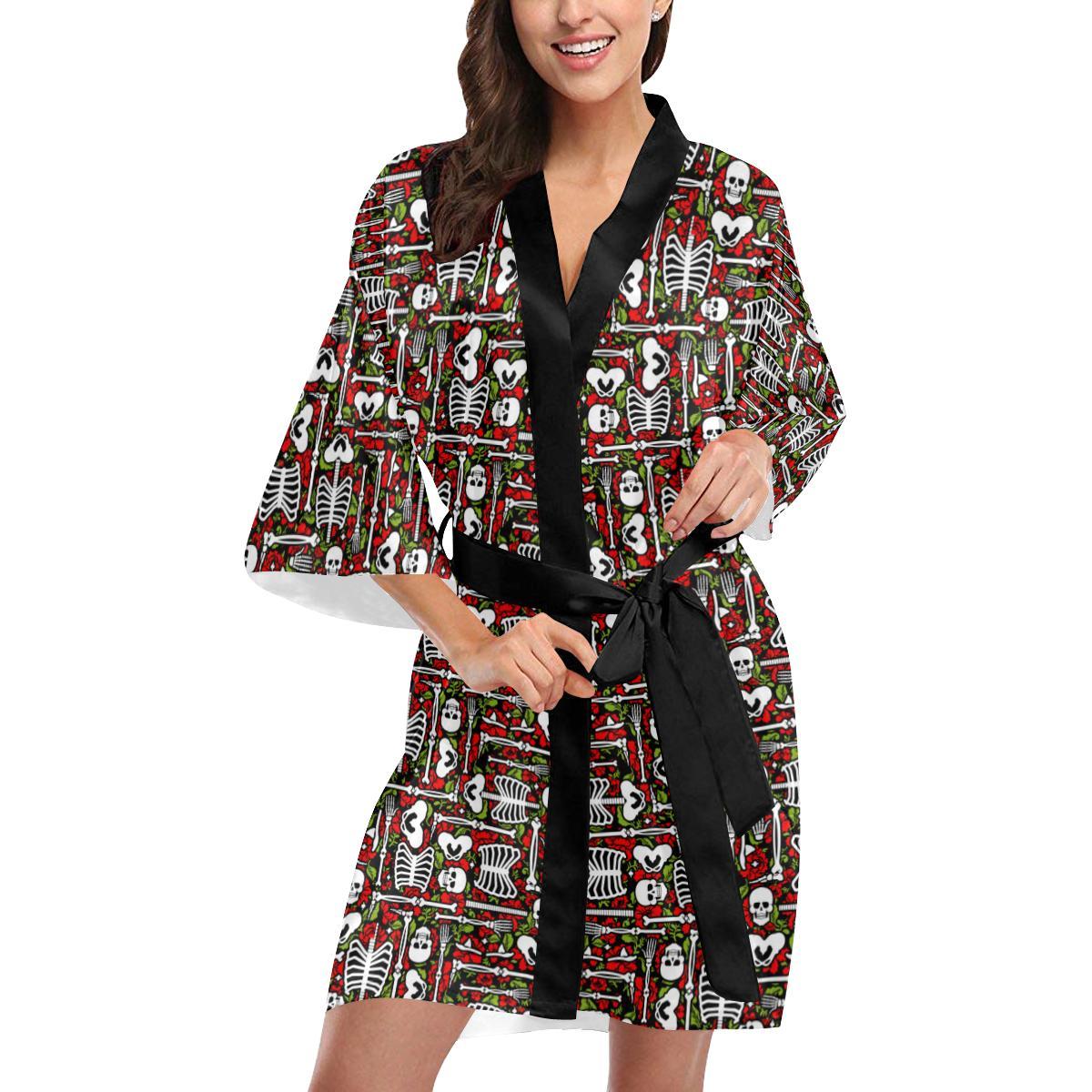 Skeleton Pattern Print Women Short Kimono Robe