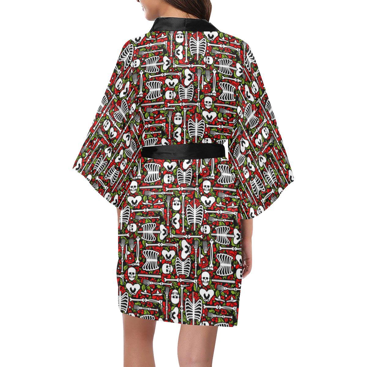 Skeleton Pattern Print Women Short Kimono Robe