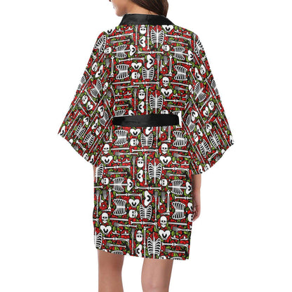 Skeleton Pattern Print Women Short Kimono Robe