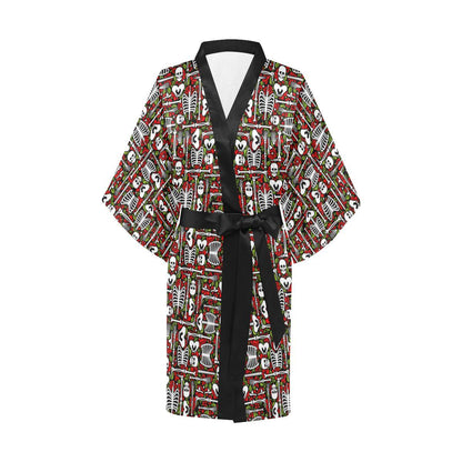 Skeleton Pattern Print Women Short Kimono Robe