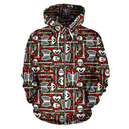 Skeleton Pattern Print Zip Up Hoodie