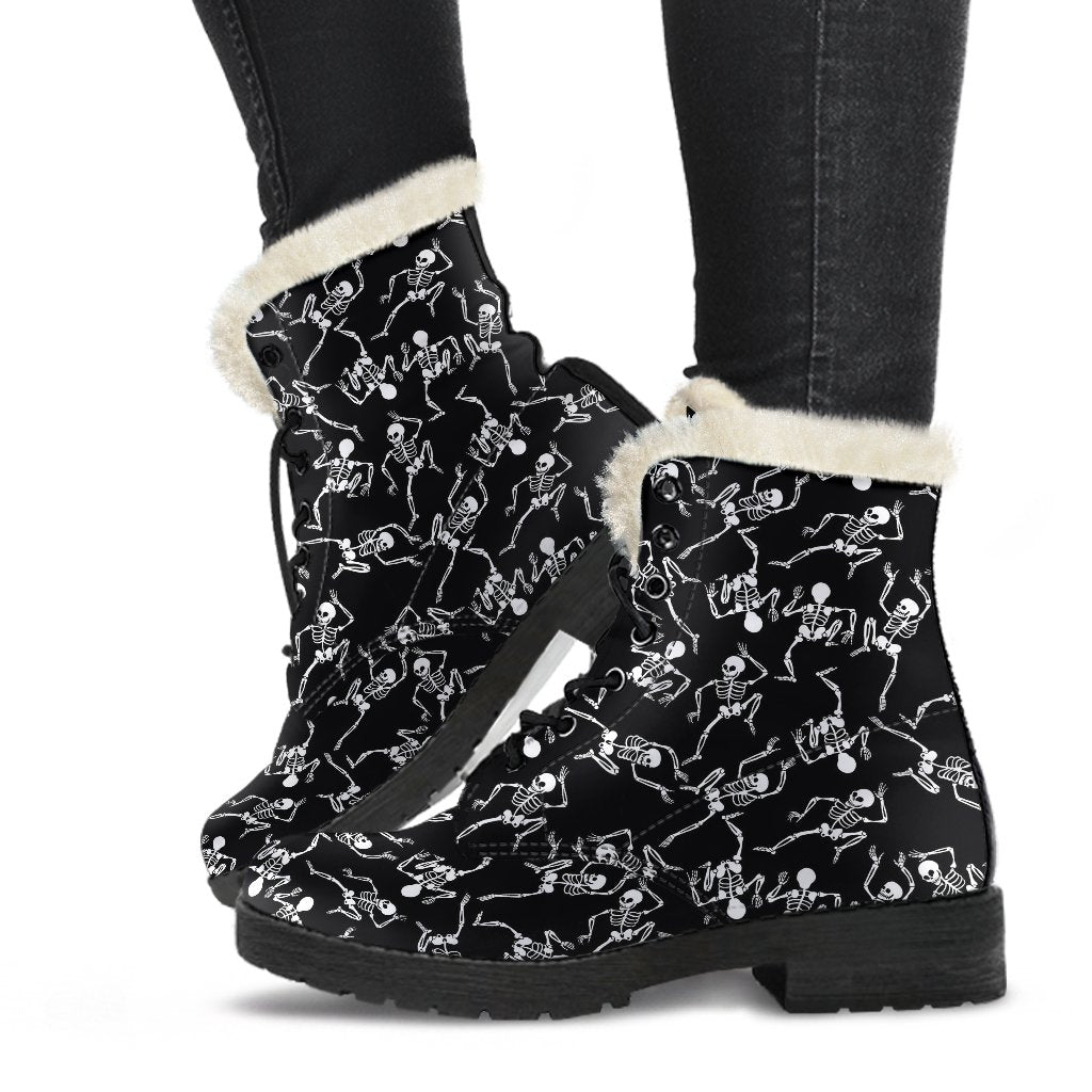 Skeleton Style Print Faux Fur Leather Boots-JTAMIGO.COM