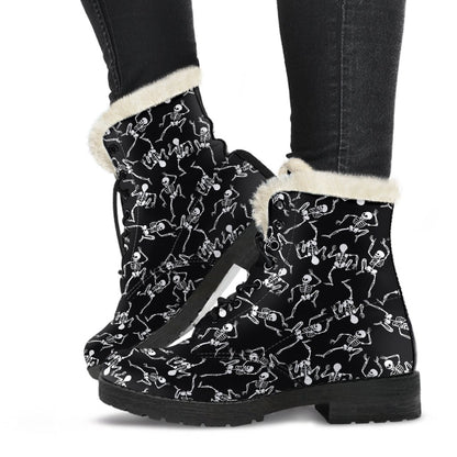 Skeleton Style Print Faux Fur Leather Boots-JTAMIGO.COM