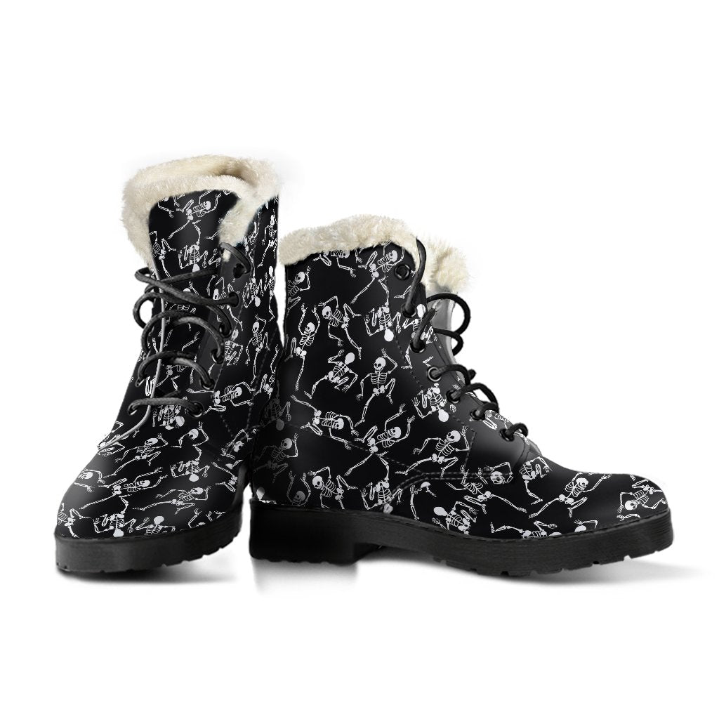 Skeleton Style Print Faux Fur Leather Boots-JTAMIGO.COM