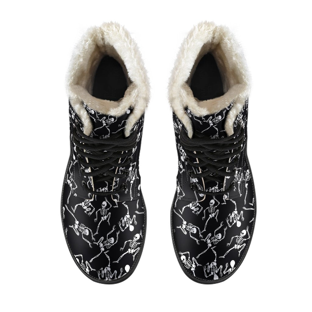 Skeleton Style Print Faux Fur Leather Boots-JTAMIGO.COM