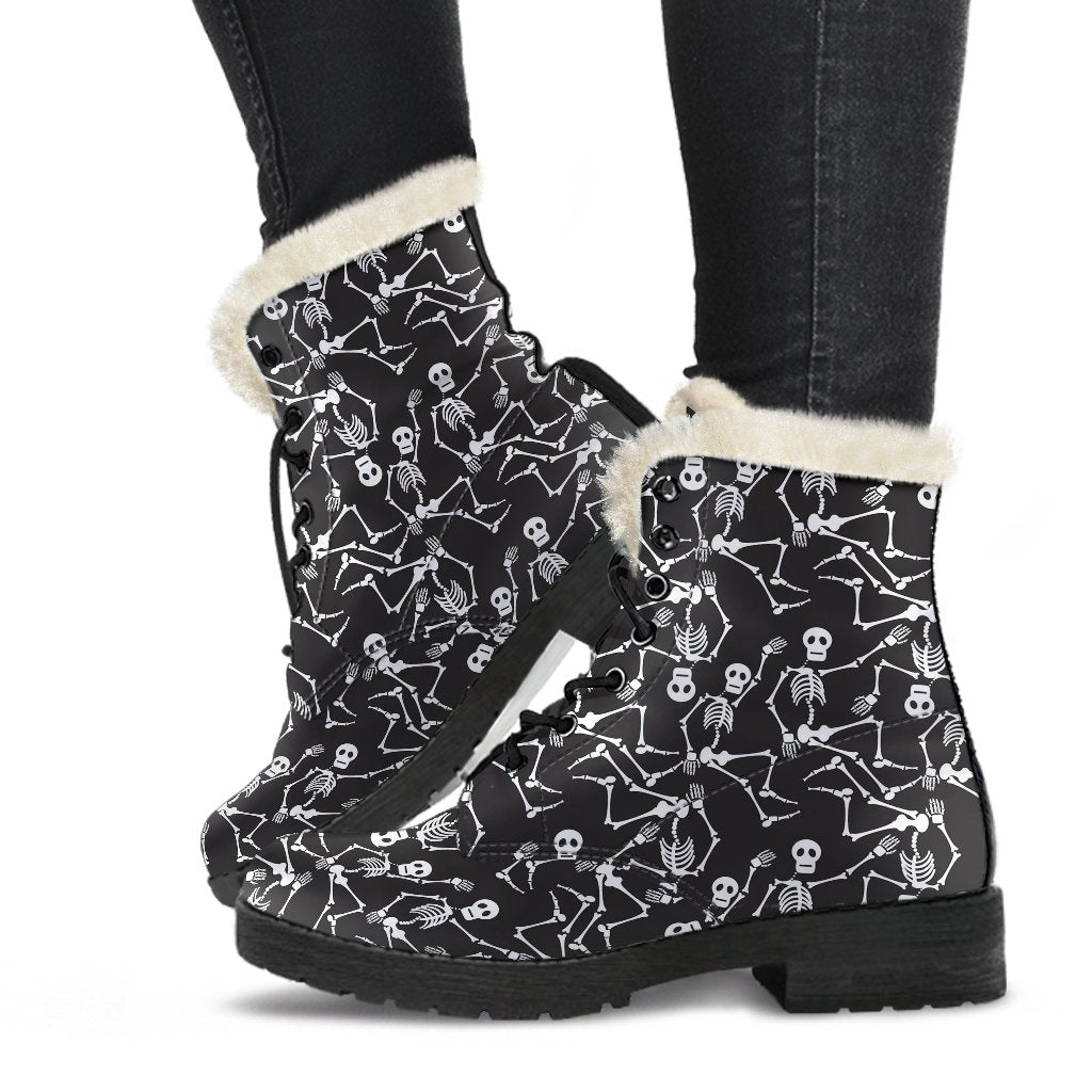 Skeleton Themed Print Faux Fur Leather Boots-JTAMIGO.COM
