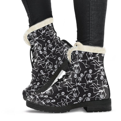 Skeleton Themed Print Faux Fur Leather Boots-JTAMIGO.COM