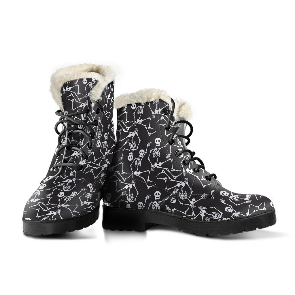 Skeleton Themed Print Faux Fur Leather Boots-JTAMIGO.COM