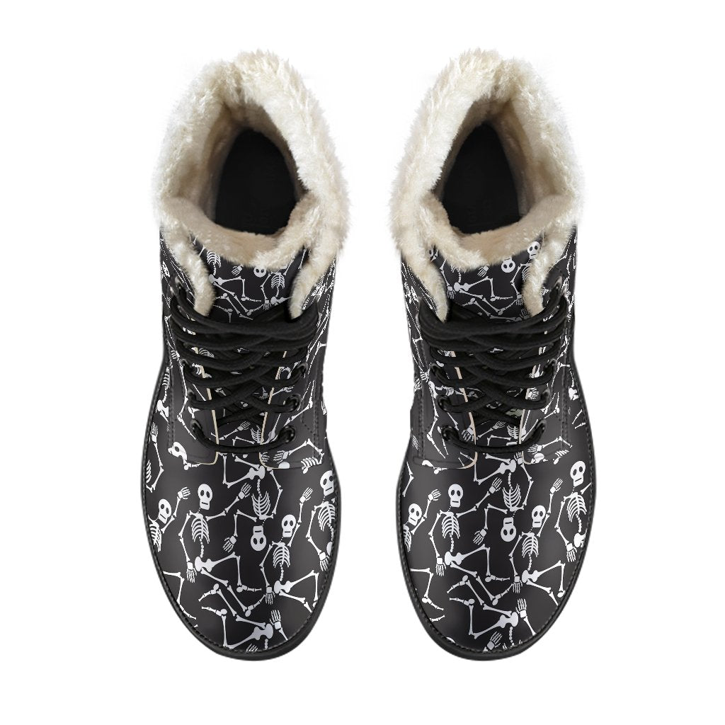 Skeleton Themed Print Faux Fur Leather Boots-JTAMIGO.COM
