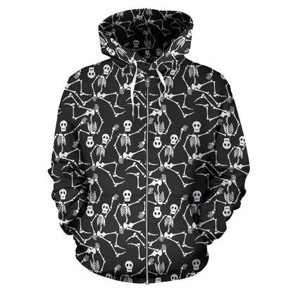 Skeleton Themed Print Zip Up Hoodie