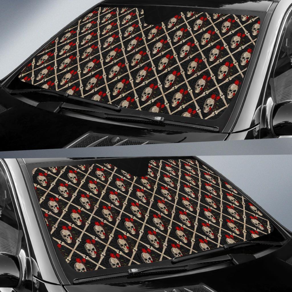 Skull Roses Bone Design Themed Print Car Sun Shade For Windshield
