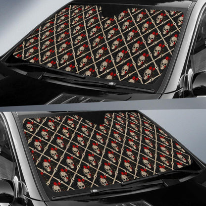 Skull Roses Bone Design Themed Print Car Sun Shade For Windshield