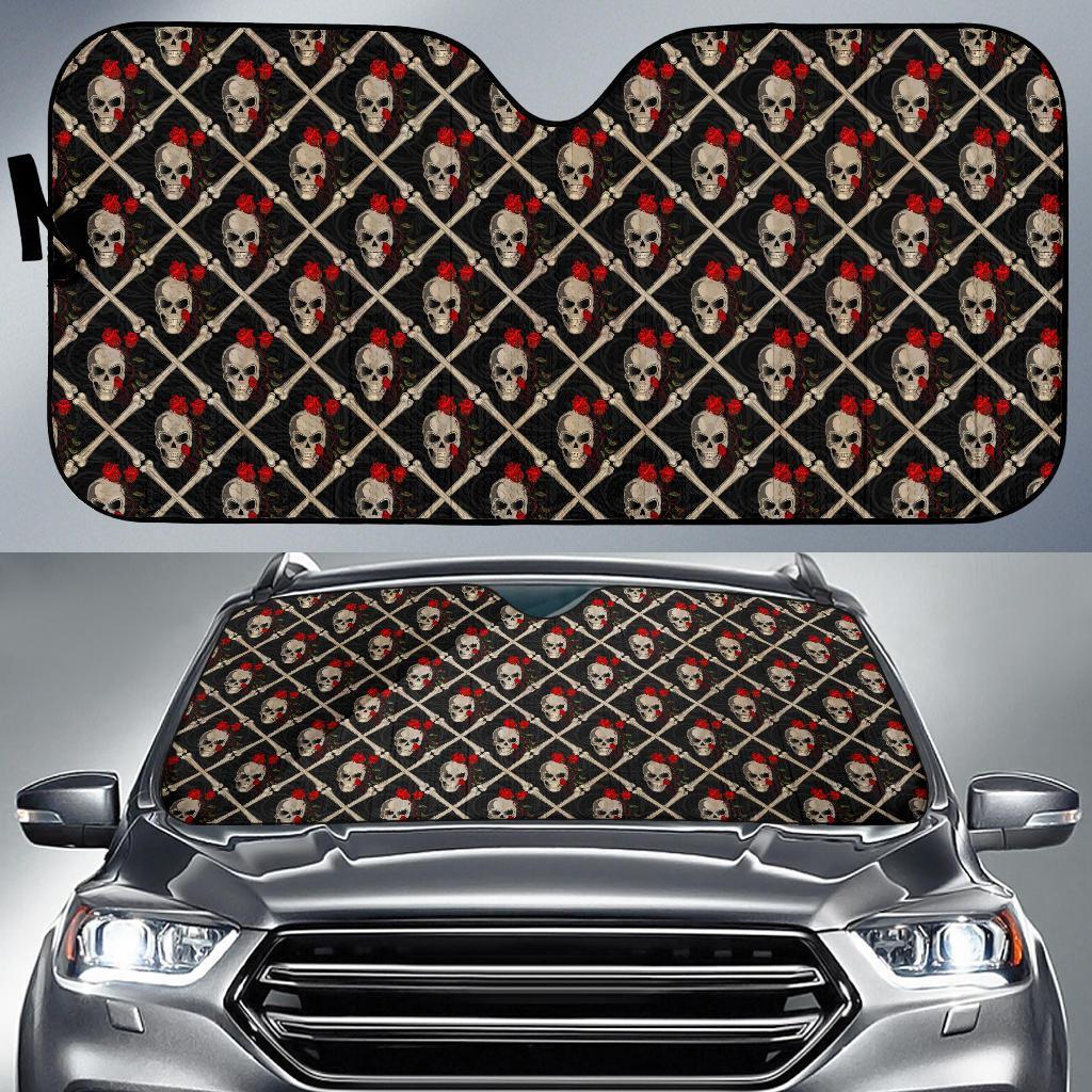 Skull Roses Bone Design Themed Print Car Sun Shade For Windshield