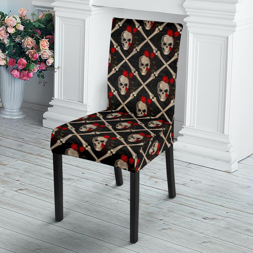 Skull Roses Bone Design Themed Print Dining Chair Slipcover-JTAMIGO.COM
