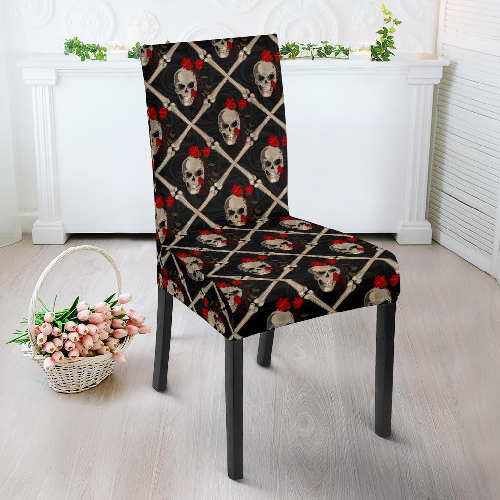 Skull Roses Bone Design Themed Print Dining Chair Slipcover-JTAMIGO.COM