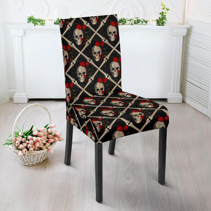 Skull Roses Bone Design Themed Print Dining Chair Slipcover-JTAMIGO.COM