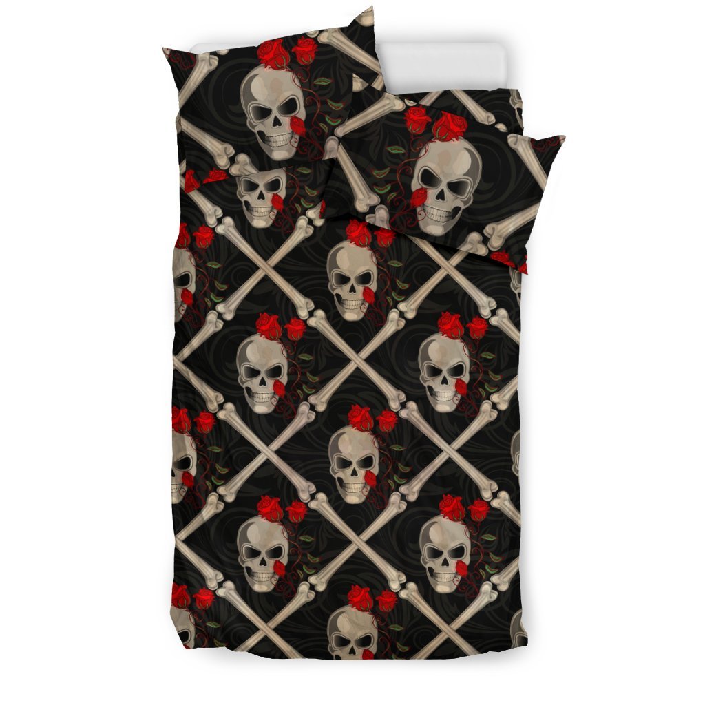 Skull Roses Bone Design Themed Print Duvet Cover Bedding Set