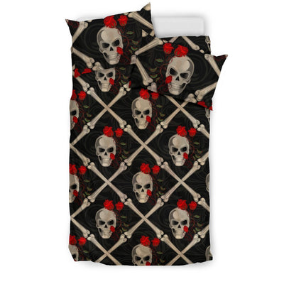 Skull Roses Bone Design Themed Print Duvet Cover Bedding Set