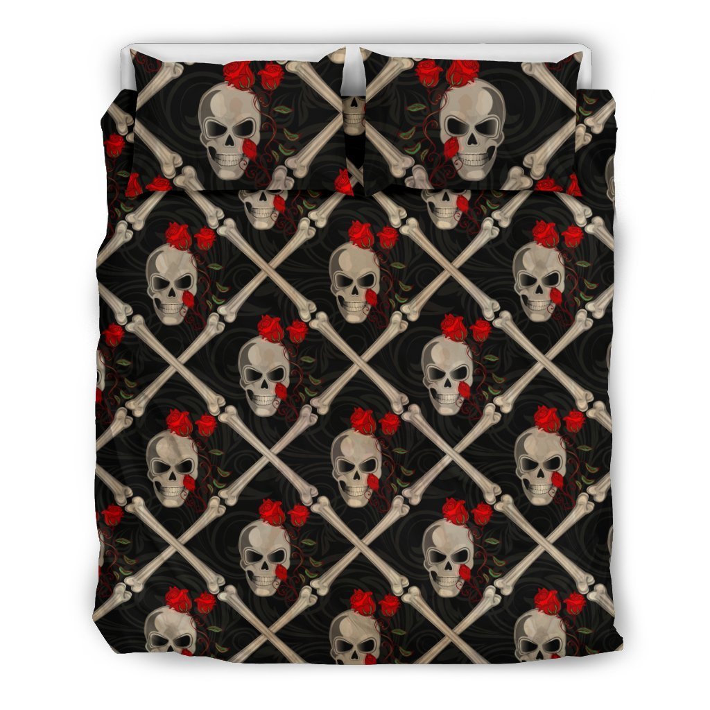 Skull Roses Bone Design Themed Print Duvet Cover Bedding Set