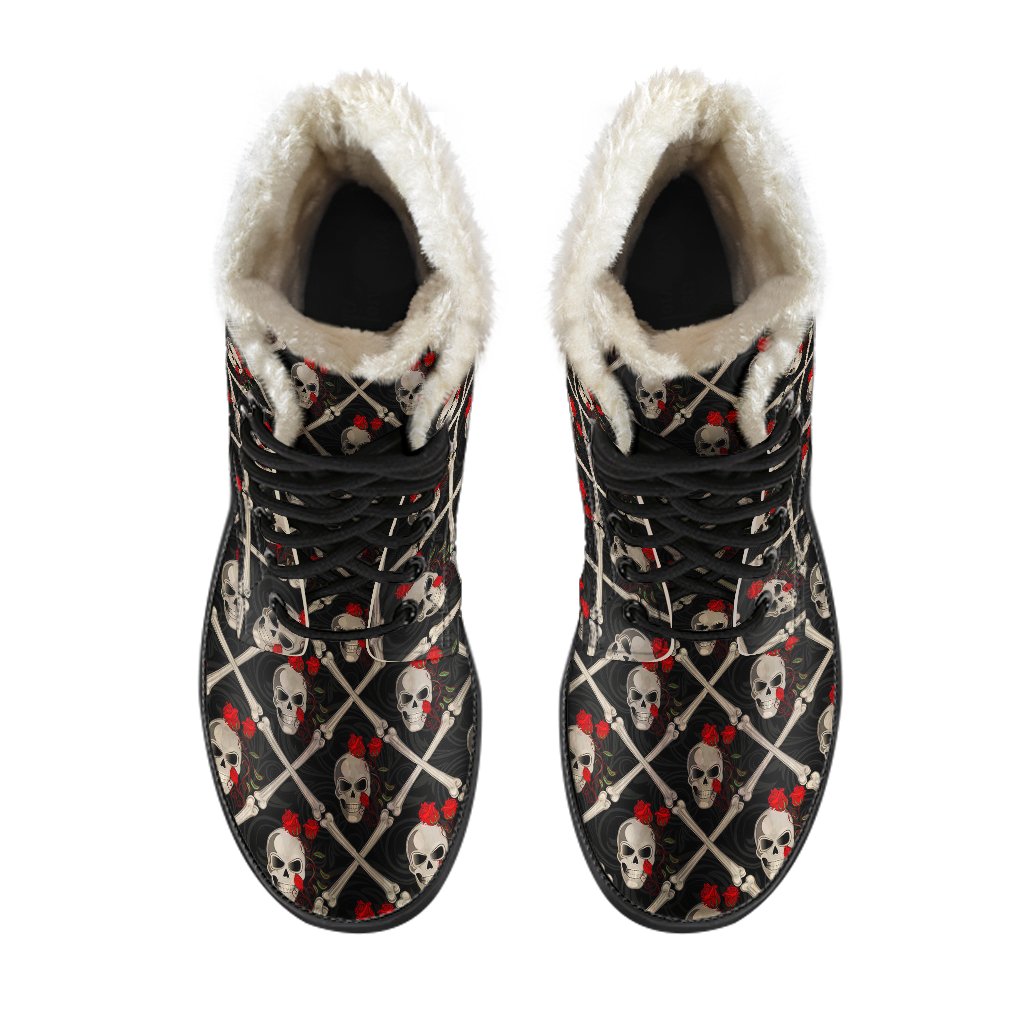 Skull Roses Bone Design Themed Print Faux Fur Leather Boots-JTAMIGO.COM