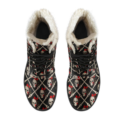 Skull Roses Bone Design Themed Print Faux Fur Leather Boots-JTAMIGO.COM